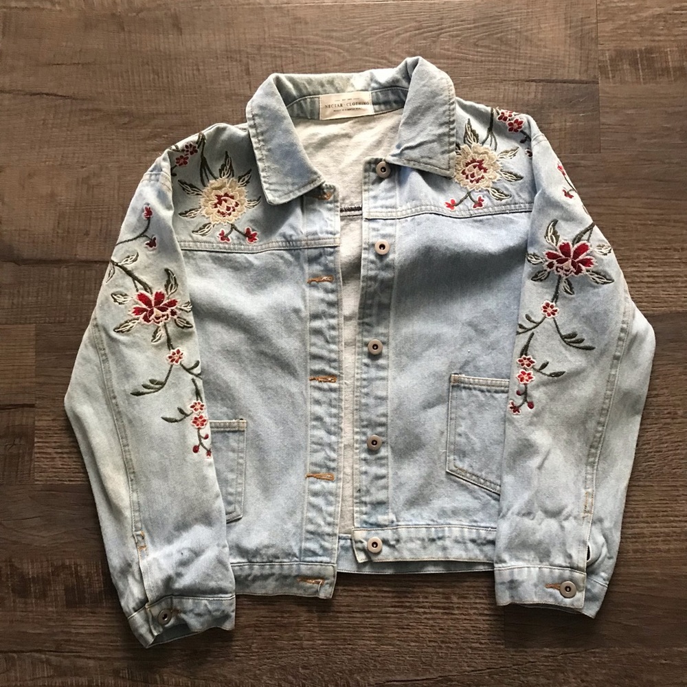 Nectar Clothing Embroidered Flowers Denim Jacket